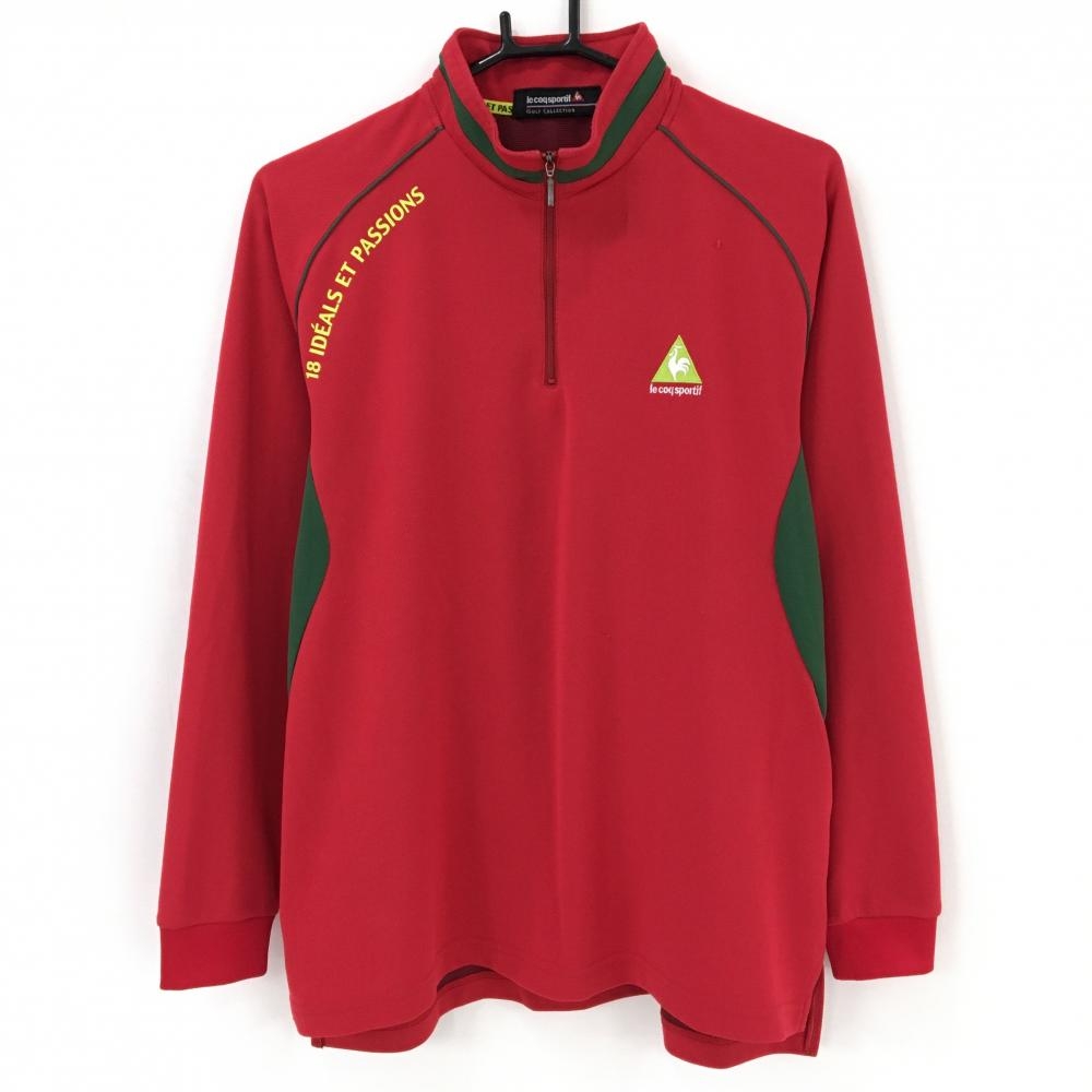 ルコックゴルフ 長袖ハイネックシャツ レッド×グリーン ハーフジップ 胸ロゴ メンズ L ゴルフウェア le coq sportif