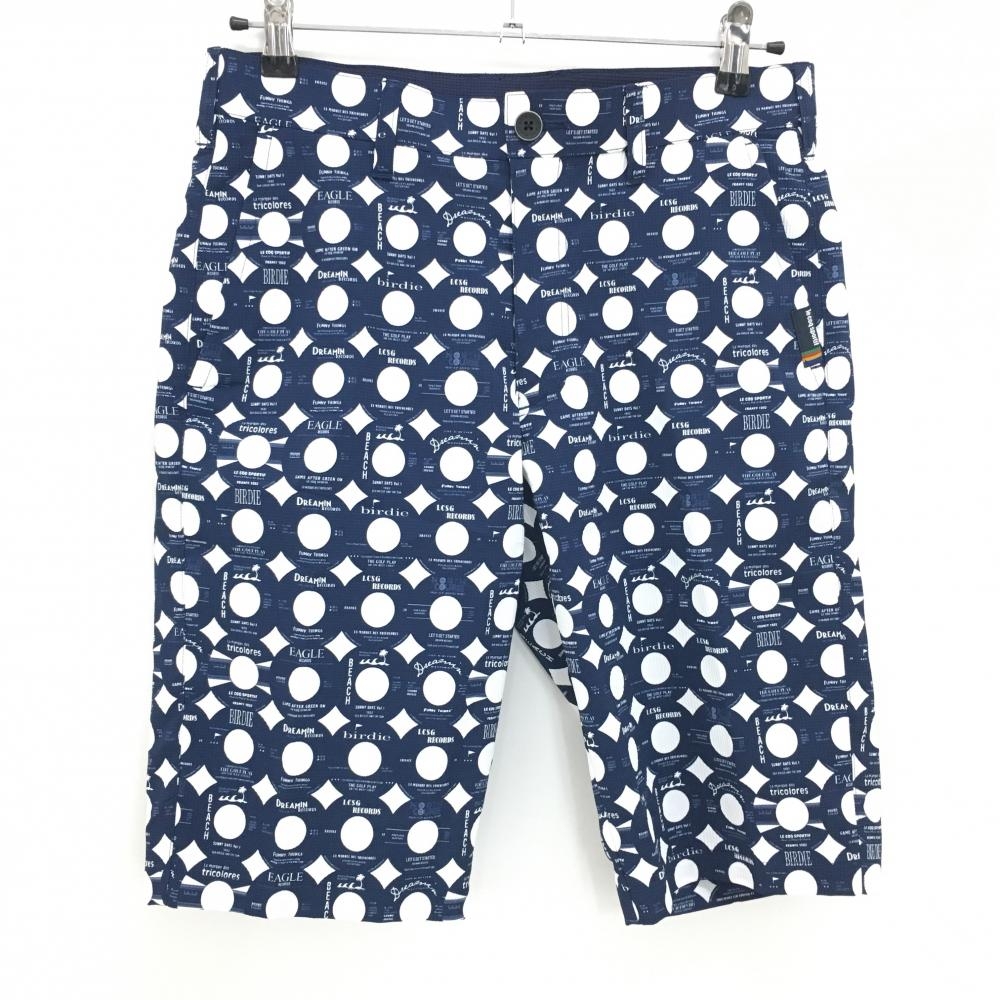 【超美品】ルコックゴルフ ハーフパンツ ネイビー×白 ドット 英字総柄  メンズ 82 ゴルフウェア le coq sportif