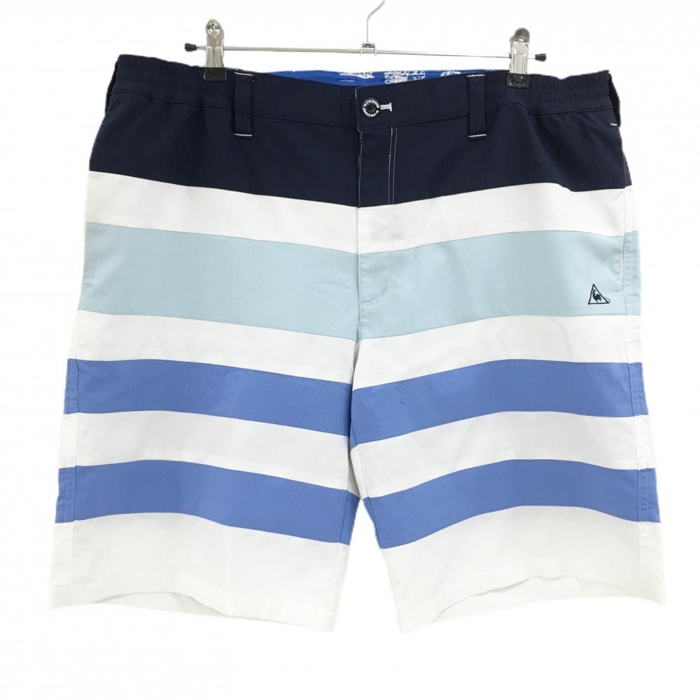 ルコックゴルフ ハーフパンツ 白×ネイビー ボーダー調 ウエストゴム 調節紐  メンズ 3L ゴルフウェア 大きいサイズ le coq sportif