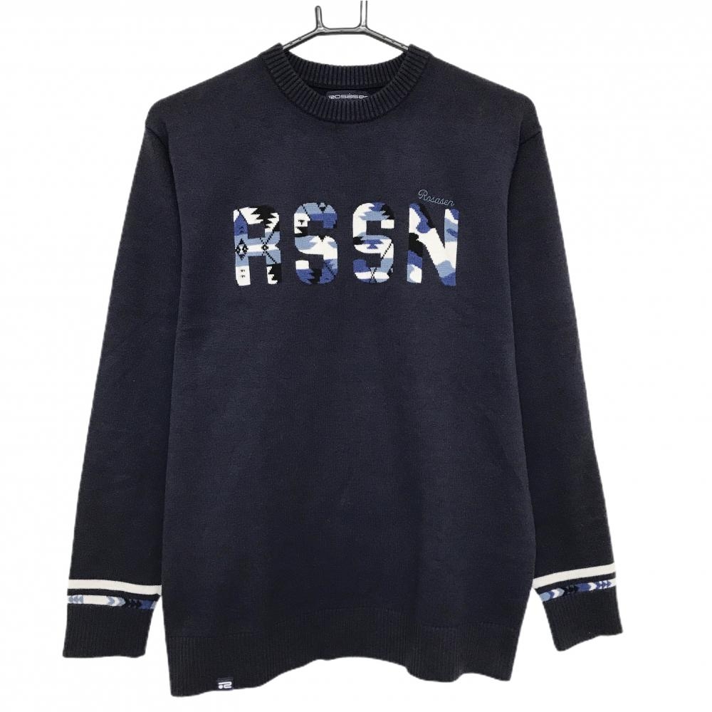 ロサーセン セーター ネイビー×白 フロントロゴ 袖口ライン ニット メンズ L ゴルフウェア Rosasen