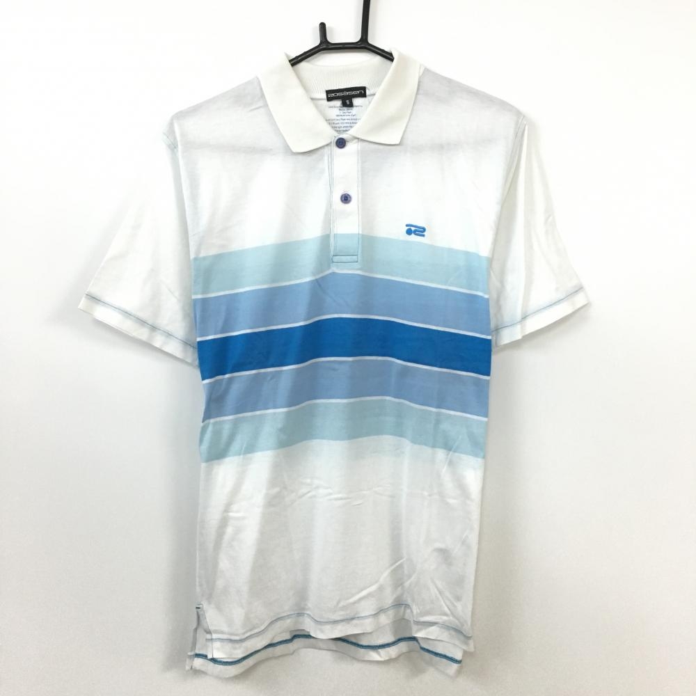 Rosasen ロサーセン 半袖ポロシャツ 白×ブルー 一部ボーダー メンズ S ゴルフウェア