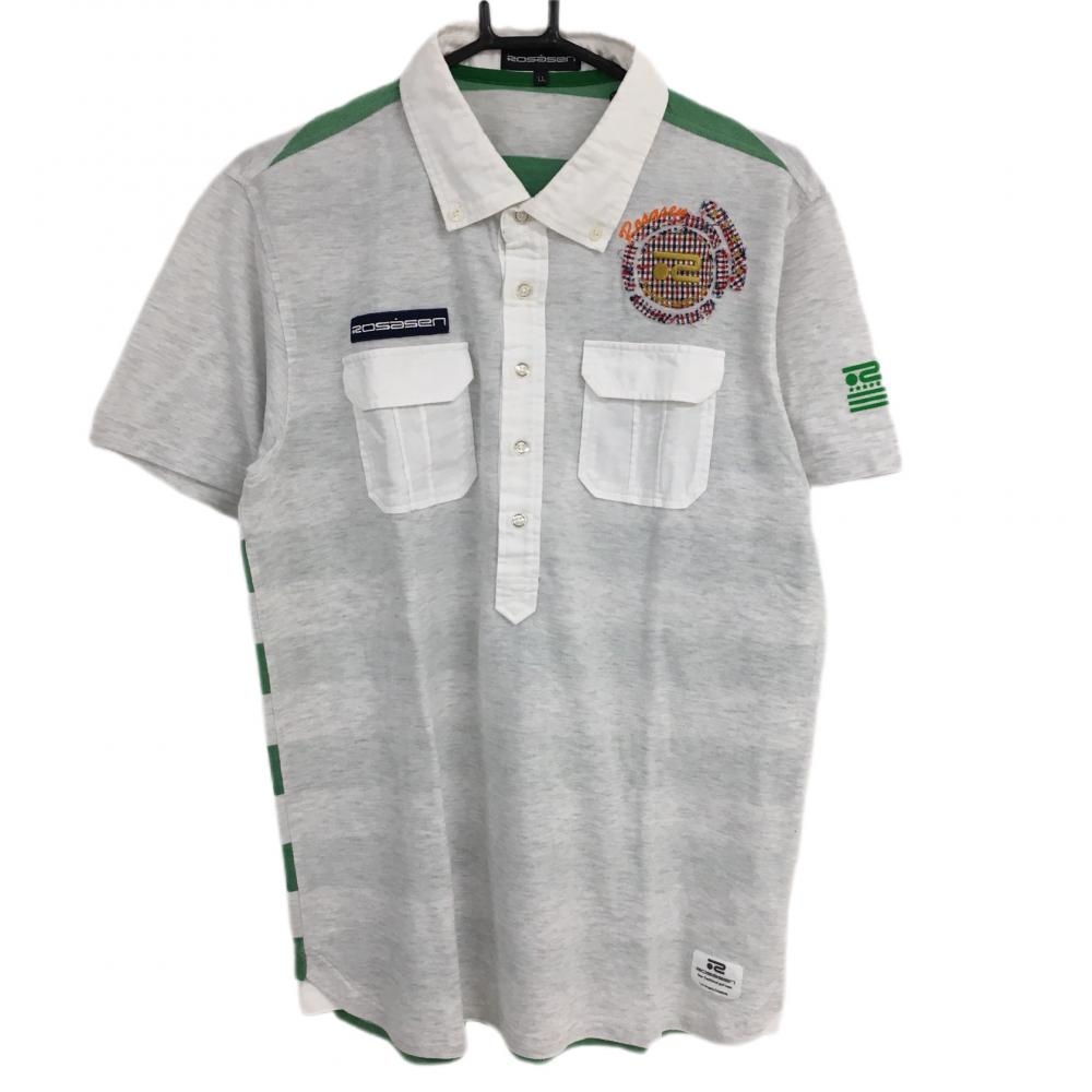 【美品】ロサーセン 半袖ポロシャツ 白×グリーン 背面ボーダー 胸ポケット メンズ LL ゴルフウェア Rosasen