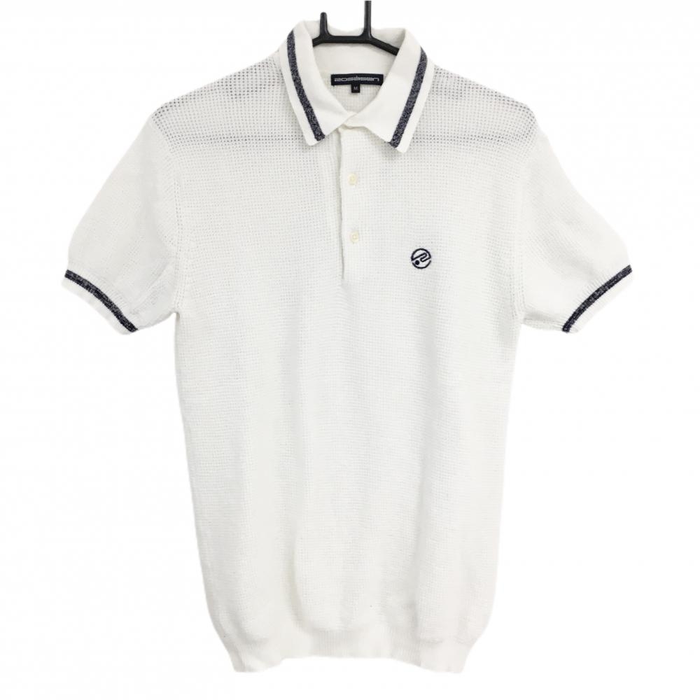 【美品】ロサーセン ニット半袖ポロシャツ 白×ネイビー 襟・袖口ライン コットン混 メンズ M ゴルフウェア Rosasen