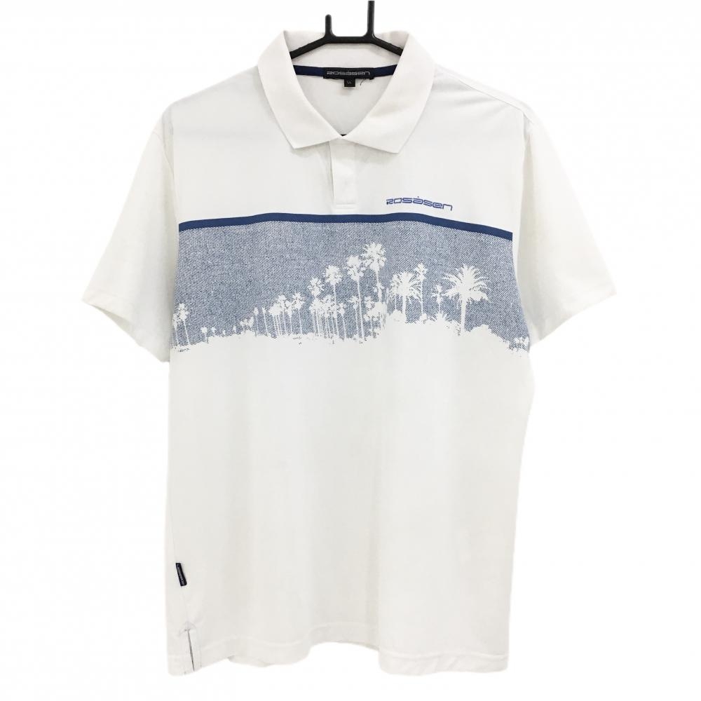 ロサーセン 半袖ポロシャツ 白×ブルー 前面ヤシの木柄 メンズ LL ゴルフウェア Rosasen