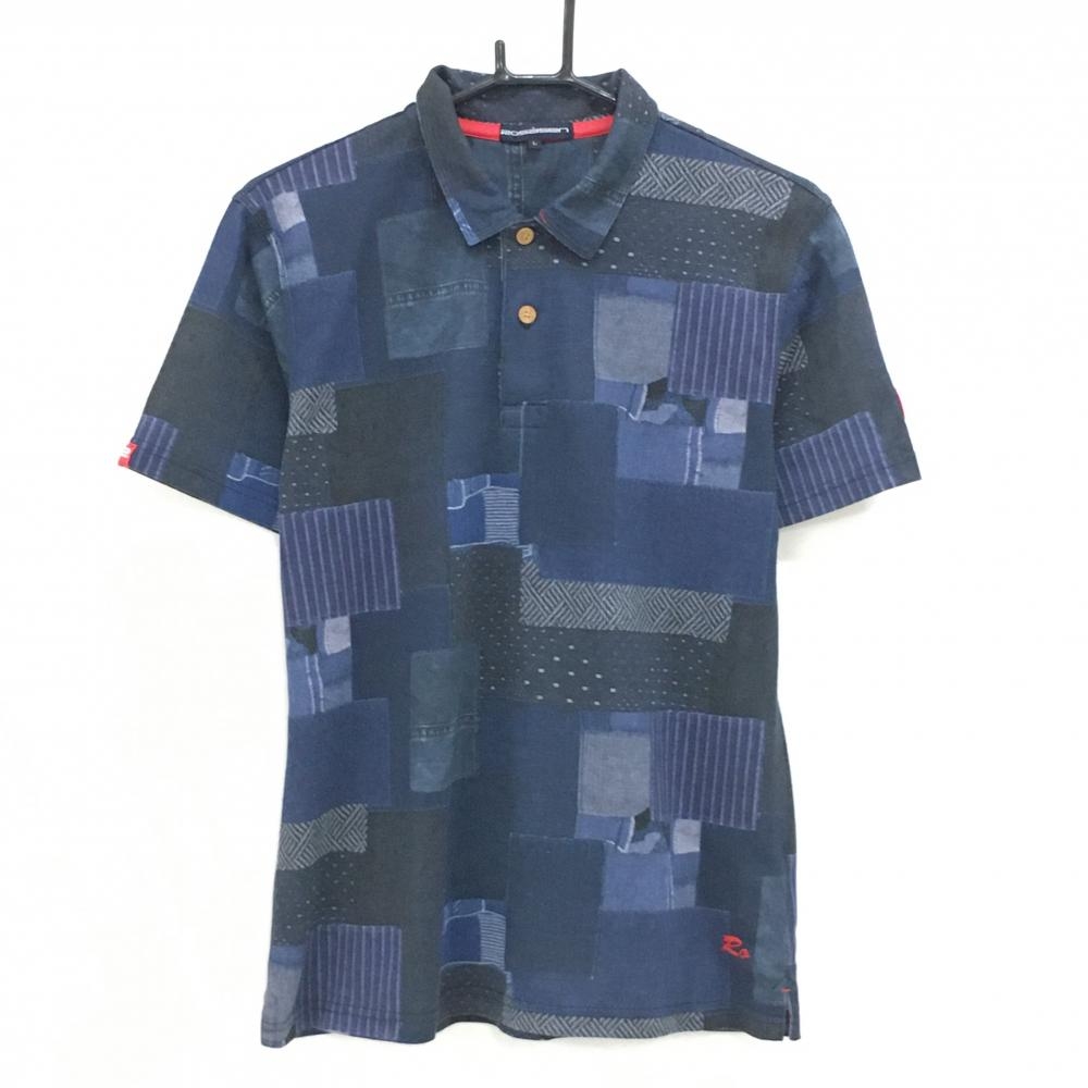 ロサーセン 半袖ポロシャツ ネイビー×マルチ デニムパッチワーク調 ワッペン メンズ L ゴルフウェア Rosasen