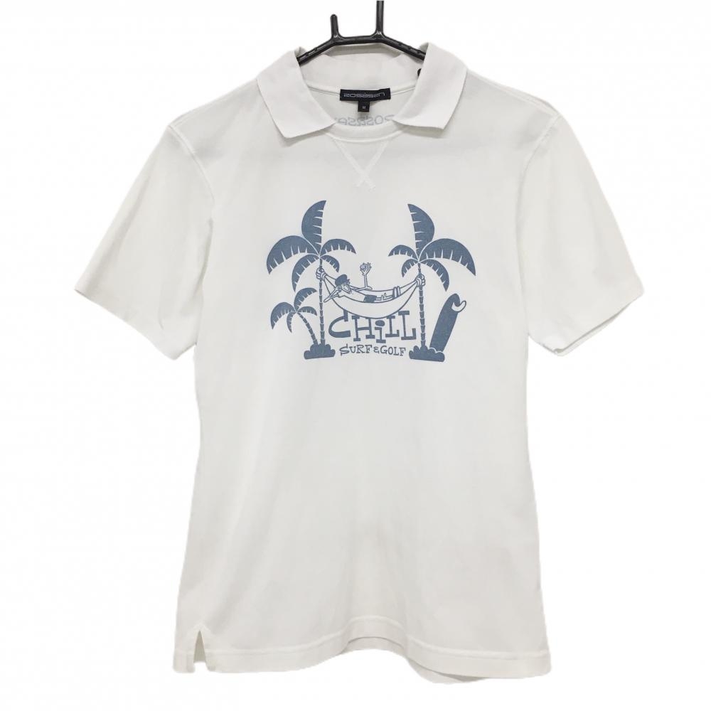 ロサーセン 襟付半袖シャツ 白×ブルー ヤシの木  メンズ M ゴルフウェア Rosasen