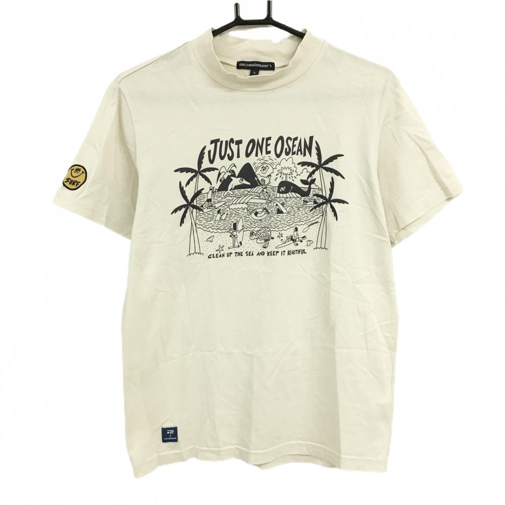 【美品】ロサーセン 半袖ハイネックシャツ ライトベージュ×黒 フロントプリント LOOSEMAN メンズ M ゴルフウェア Rosasen