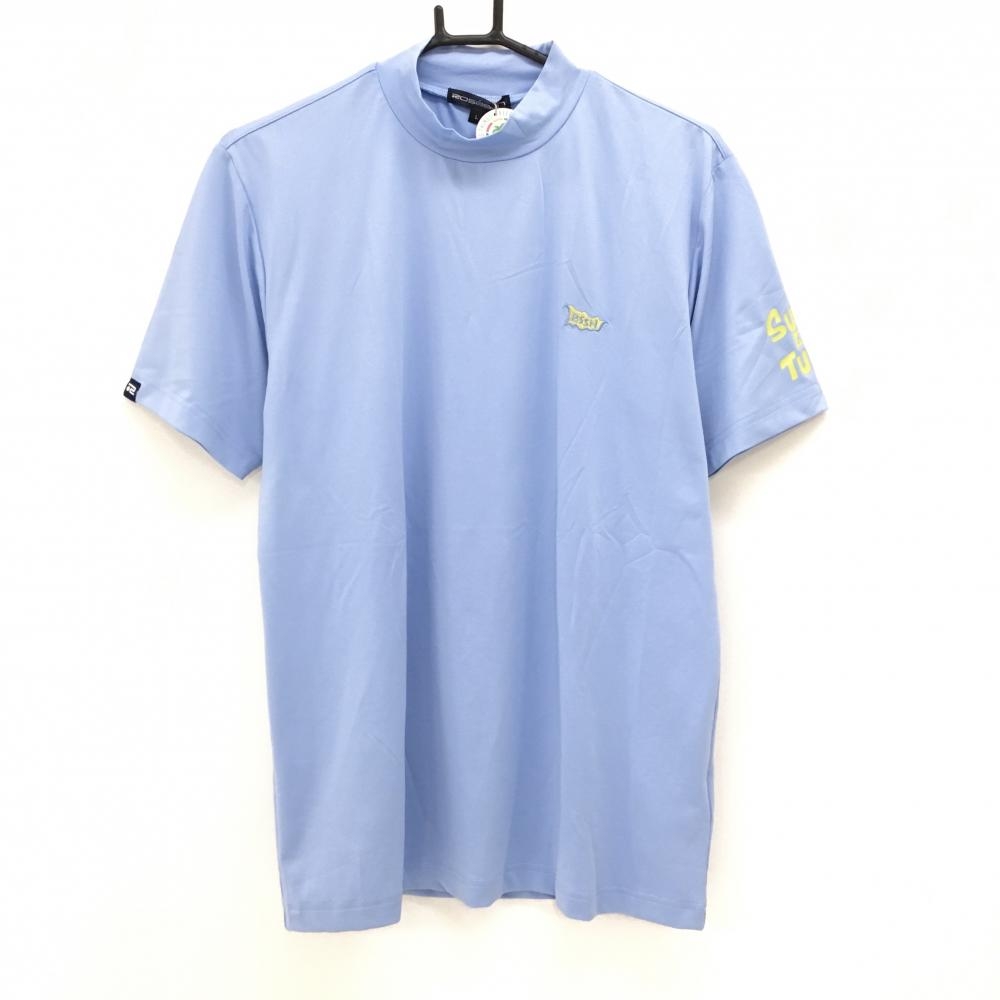 【新品】ロサーセン 半袖ハイネックシャツ ライトブルー SURF AND TURF 背面プリント マーカー付 メンズ L ゴルフウェア Rosasen
