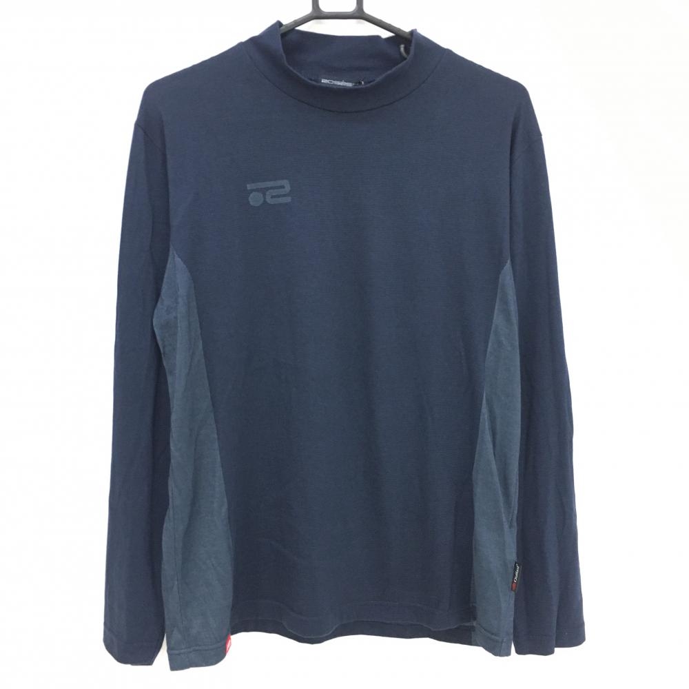 【美品】ロサーセン 長袖ハイネックシャツ ネイビー 細ボーダー サイド切替 メンズ LL ゴルフウェア Rosasen