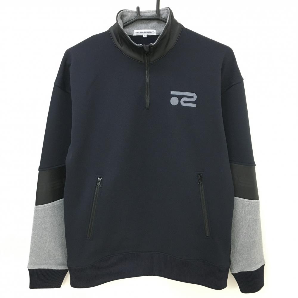 【超美品】ロサーセン 長袖ハイネックシャツ ネイビー×グレー ハーフジップ 袖一部切替 裏起毛 メンズ M ゴルフウェア Rosasen