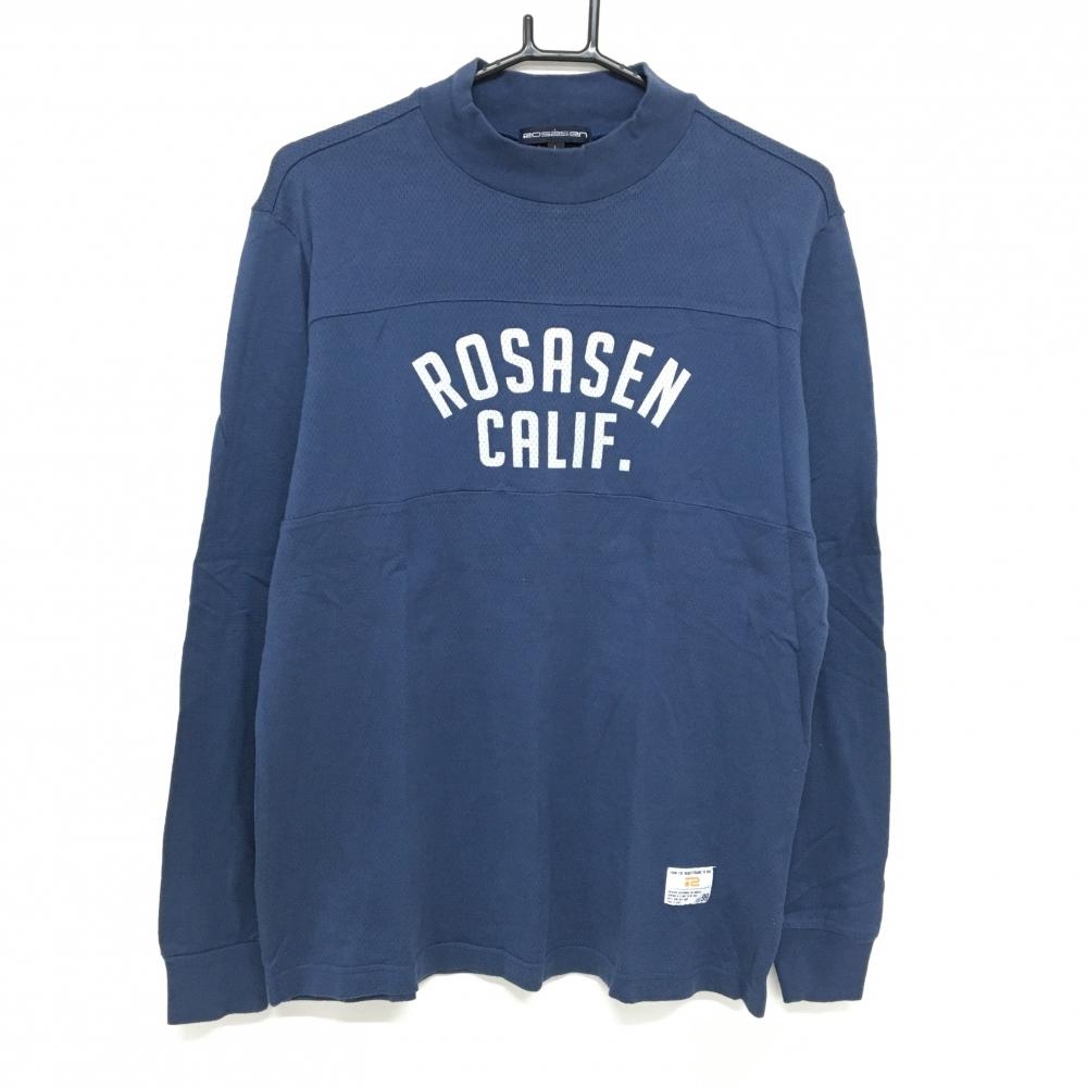 ロサーセン 長袖ハイネックシャツ ネイビー×ライトベージュ メッシュ生地 ロゴ メンズ L ゴルフウェア Rosasen