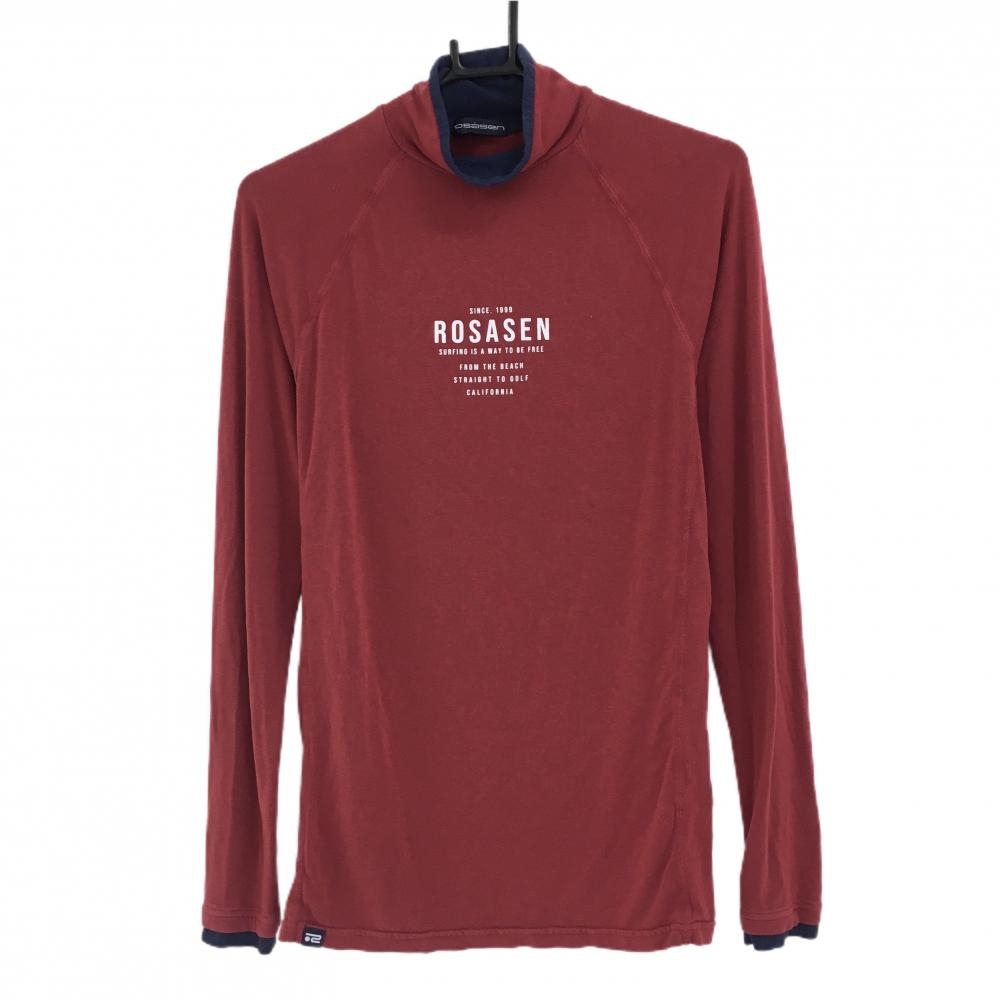 【美品】ロサーセン 長袖ハイネックシャツ レッド×白 ロゴプリント メンズ L ゴルフウェア Rosasen