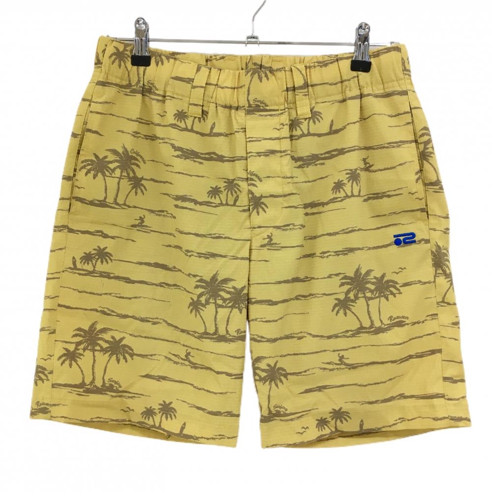 【超美品】ロサーセン ハーフパンツ イエロー×ダークブラウン ヤシの木柄 サーフィン サッカー生地 メンズ 82 ゴルフウェア Rosasen