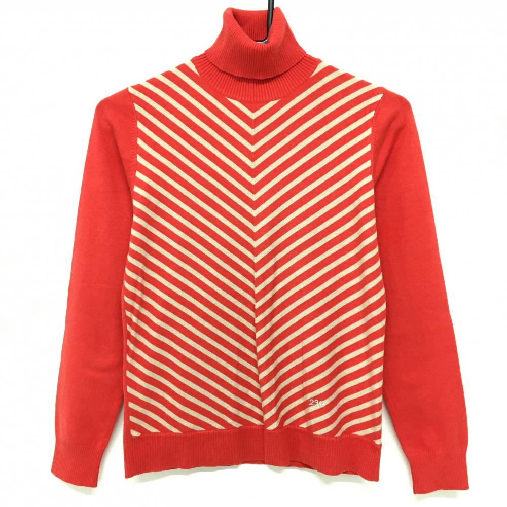 【美品】23区スポーツ タートルネックセーター レッド×ベージュ 前身頃斜めボーダー ニット レディース I(M) ゴルフウェア 23区