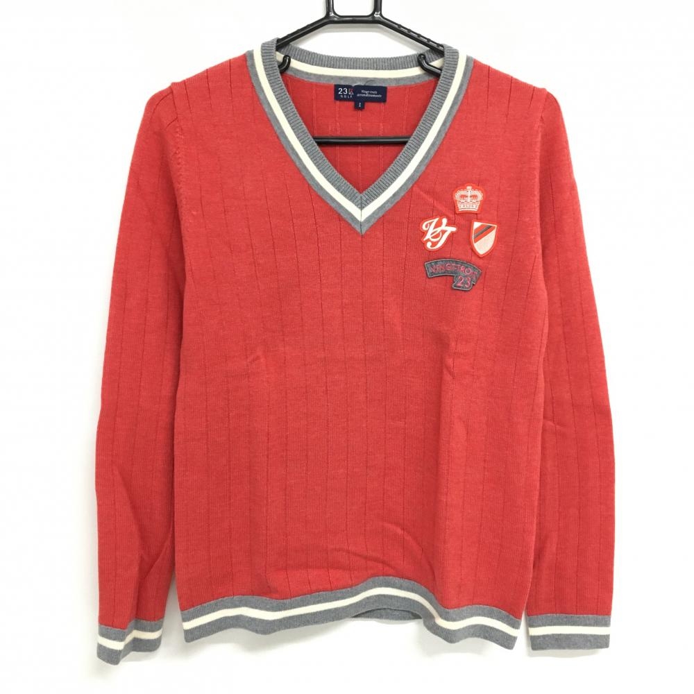 【超美品】23区ゴルフ セーター レッド×グレー Vネック 複数ワッペン ネック・袖口ライン ウール100％ レディース I(M) ゴルフウェア 23区