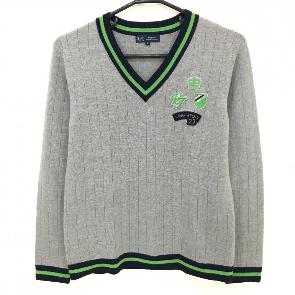 【超美品】23区ゴルフ セーター グレー×ネイビー ウール100% Vネック ニット  レディース I(M) ゴルフウェア 23区