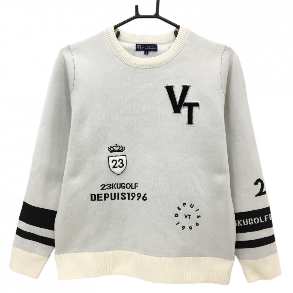 【美品】23区ゴルフ 裏地付セーター 白×黒 ワッペン 袖ライン ニット  レディース II(L) ゴルフウェア 23区