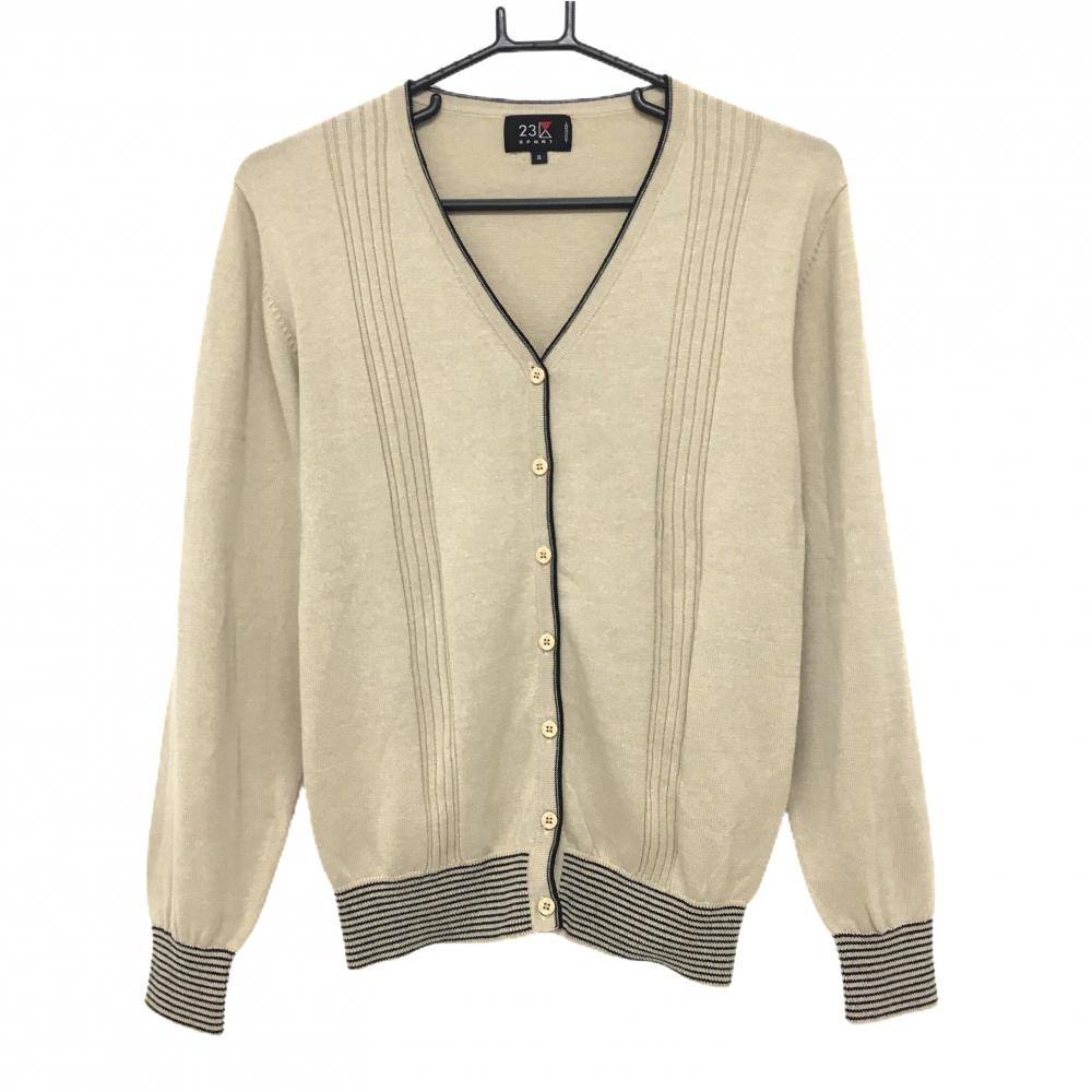 23区スポーツ カーディガン ベージュ×黒 綿100％ レディース II(L) ゴルフウェア 23区