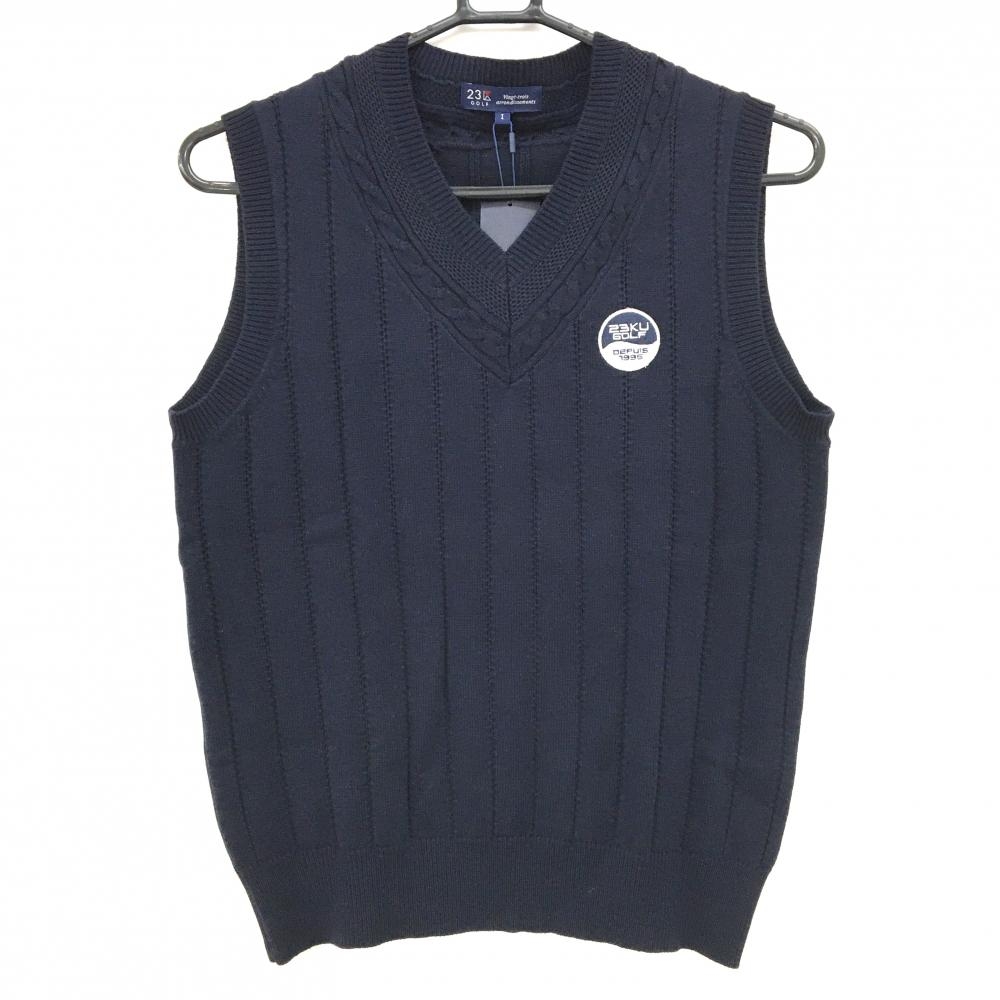 【新品】23区ゴルフ ニットベスト ネイビー ストライプ編み Vネック コットン混 レディース I(M) ゴルフウェア 23区