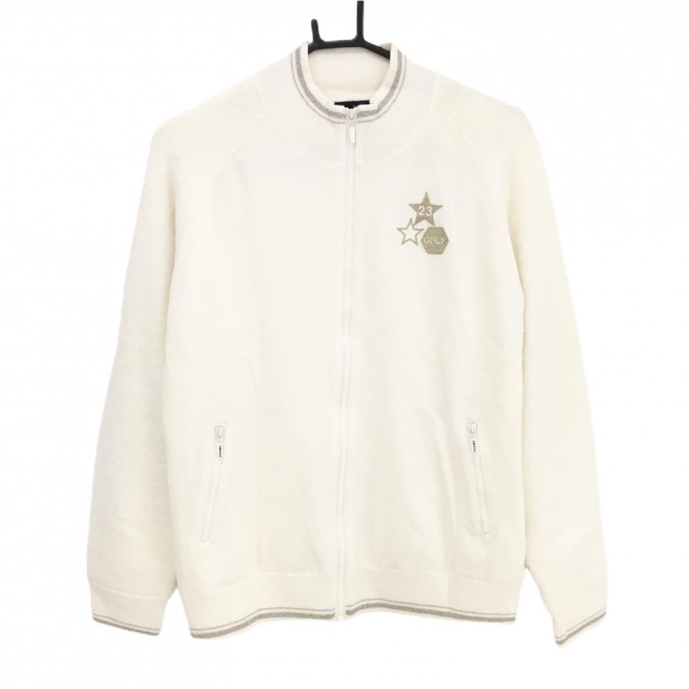 【美品】23区ゴルフ ニットブルゾン アイボリー×ゴールド 星ワッペン ウール混 袖シャギー  レディース III(XL) ゴルフウェア 23区