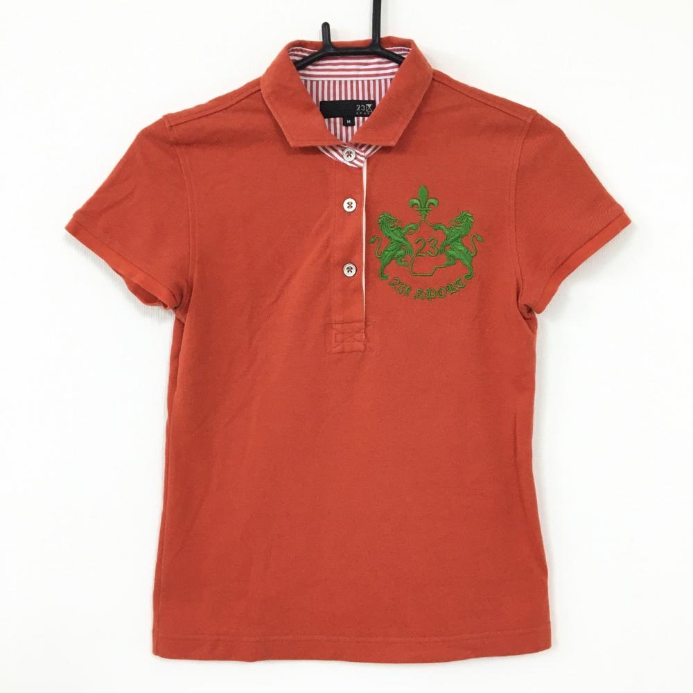 23区 23区スポーツ 半袖ポロシャツ オレンジ×グリーン ロゴ刺繍 襟裏ボーダー  レディース M ゴルフウェア
