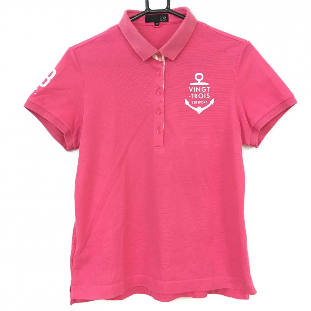 23区 23区スポーツ 半袖ポロシャツ ピンク×白 前立て斜めストライプ イカリプリント レディース ?(XL) ゴルフウェア