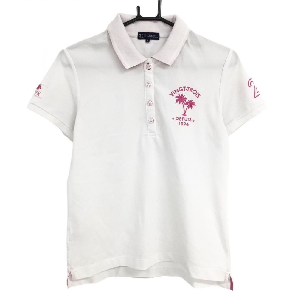 23区ゴルフ 半袖ポロシャツ 白×ピンク 刺しゅう レディース II(L) ゴルフウェア 23区