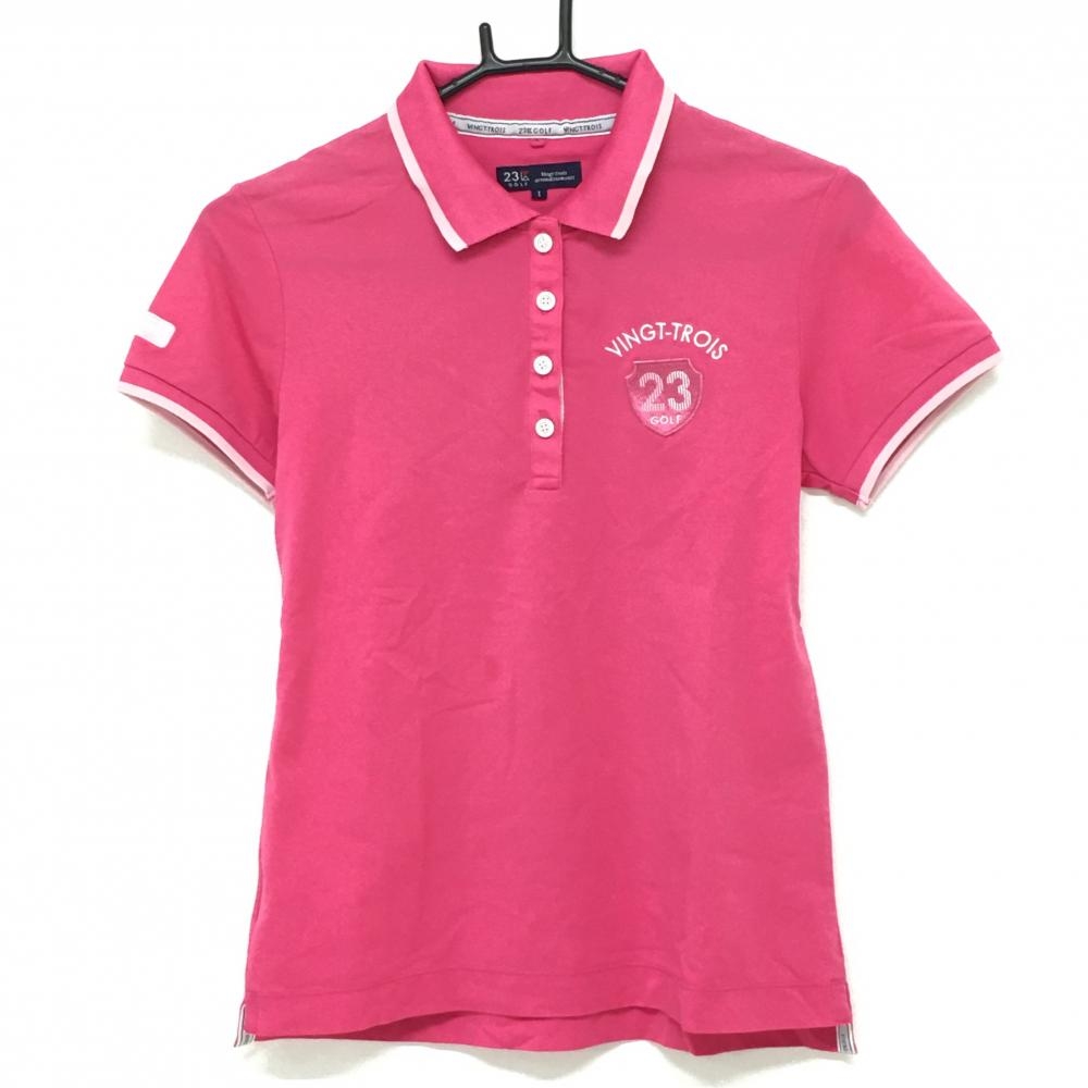 23区ゴルフ 半袖ポロシャツ ピンク×白 ロゴワッペン 袖刺しゅう レディース I(M) ゴルフウェア 23区