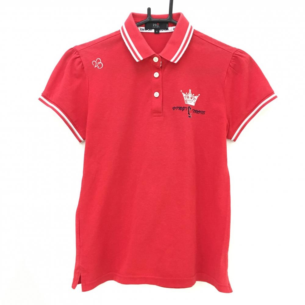 23区 半袖ポロシャツ レッド×白 襟、袖ライン  レディース II(L) ゴルフウェア 23区