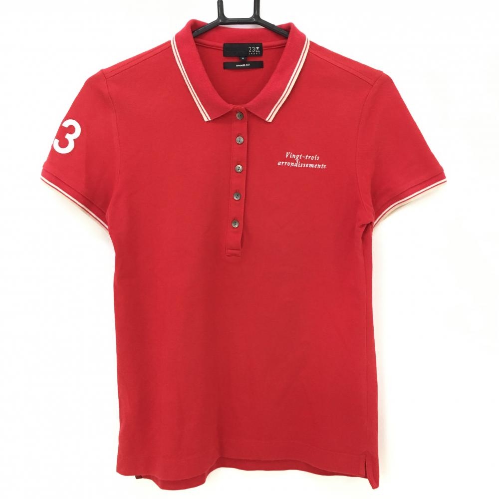 23区 半袖ポロシャツ レッド×白 襟、袖ライン レディース II(L) ゴルフウェア 23区