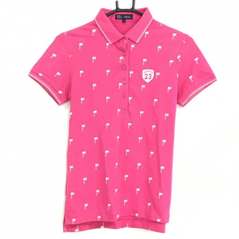 【美品】23区ゴルフ 半袖ポロシャツ ピンク×白 ヤシの木刺しゅう 襟ライン  レディース Ｉ(M) ゴルフウェア 23区