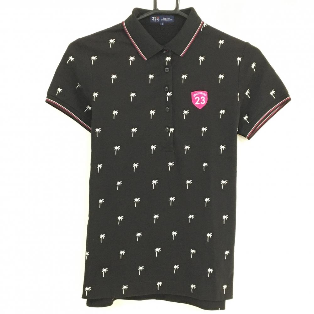 【美品】23区ゴルフ 半袖ポロシャツ 黒×白 ヤシの木刺しゅう 襟ライン レディース I(M) ゴルフウェア 23区