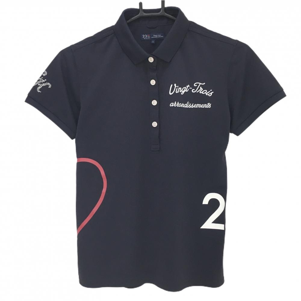 【美品】23区ゴルフ 半袖ポロシャツ ネイビー 袖ラインストーン レディース I(M) ゴルフウェア 23区
