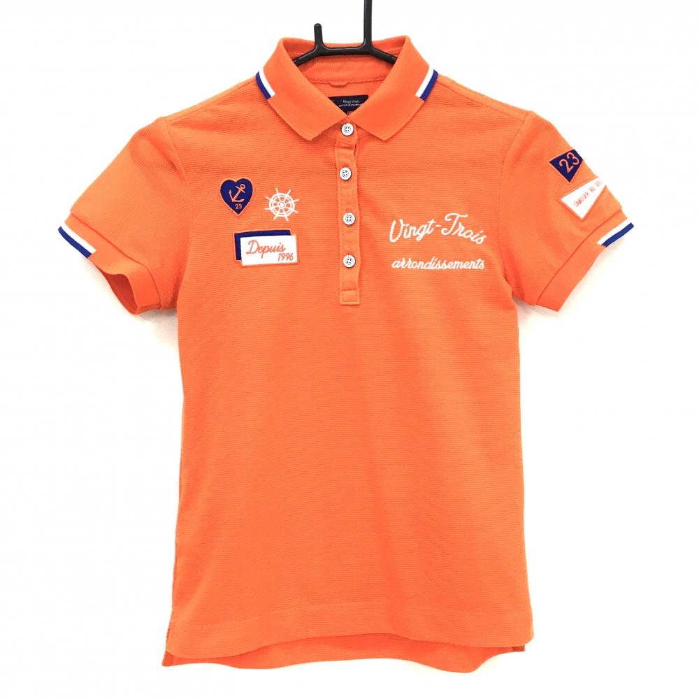 【美品】23区ゴルフ 半袖ポロシャツ オレンジ×白×ネイビー ロゴ刺しゅう レディース 0(S) ゴルフウェア 23区