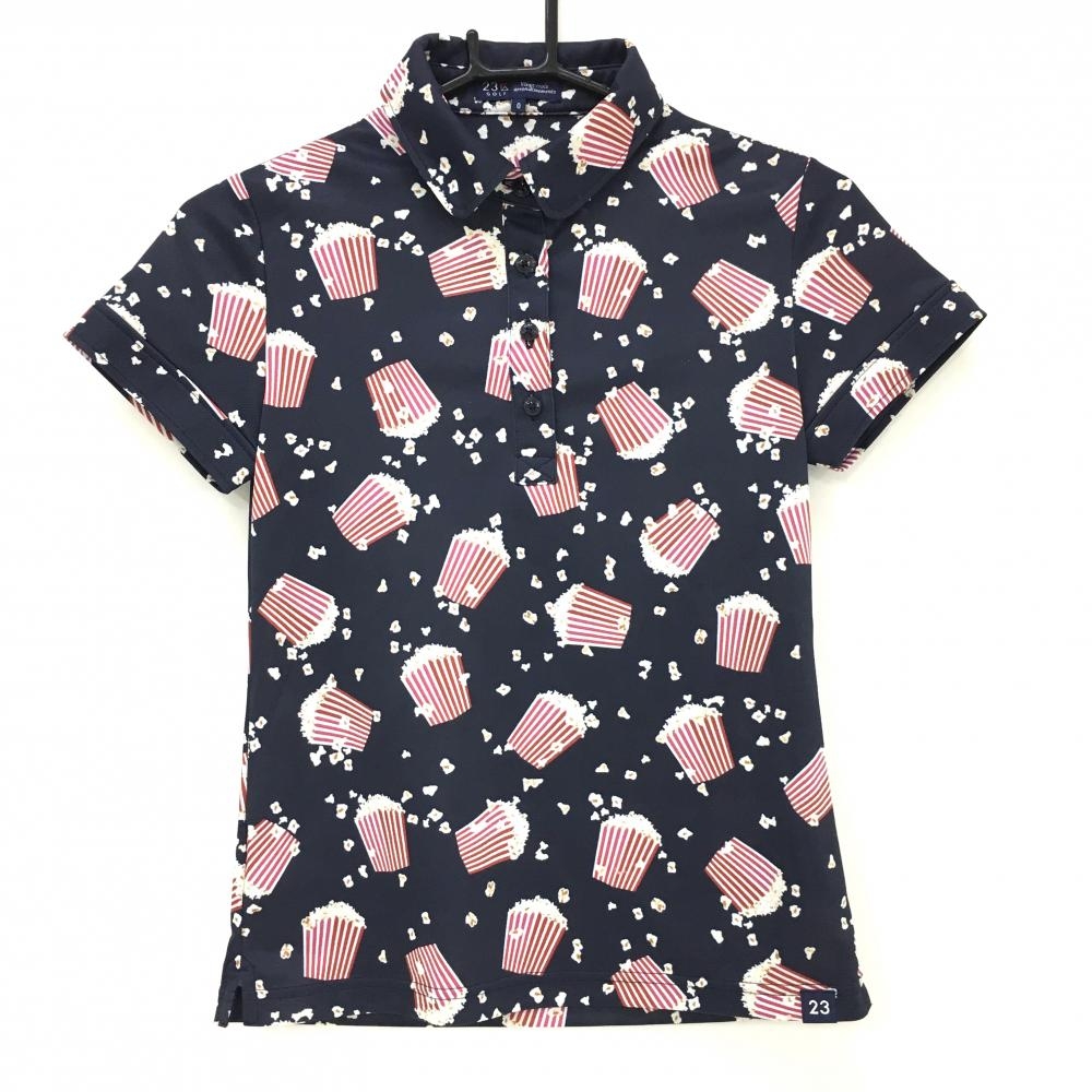 【美品】23区ゴルフ 半袖ポロシャツ ネイビー×レッド×白 ポップコーン柄 レディース 0(S) ゴルフウェア 23区