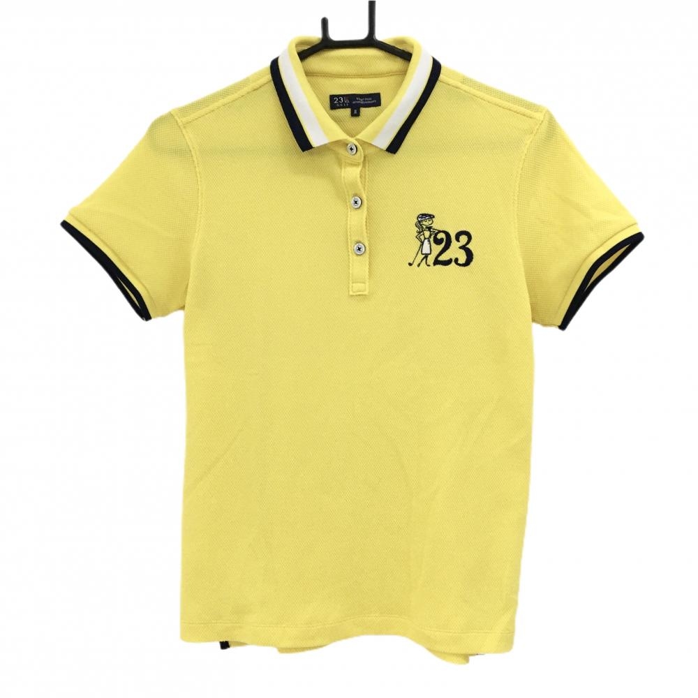 【超美品】23区ゴルフ 半袖ポロシャツ イエロー 襟・袖口ライン ロゴ刺しゅう レディース II ゴルフウェア 23区