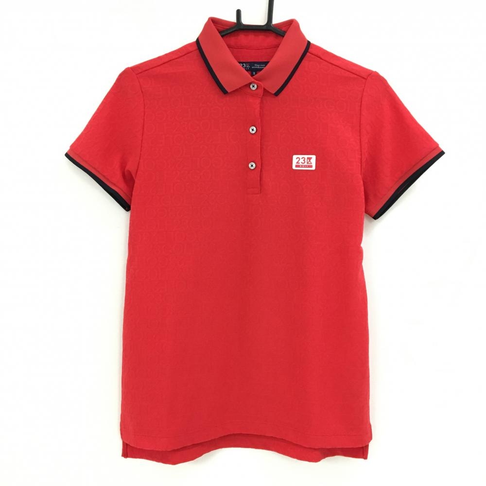 【美品】23区ゴルフ 半袖ポロシャツ レッド ロゴ総柄地模様 胸元ワッペン レディース II(Ｌ) ゴルフウェア 23区