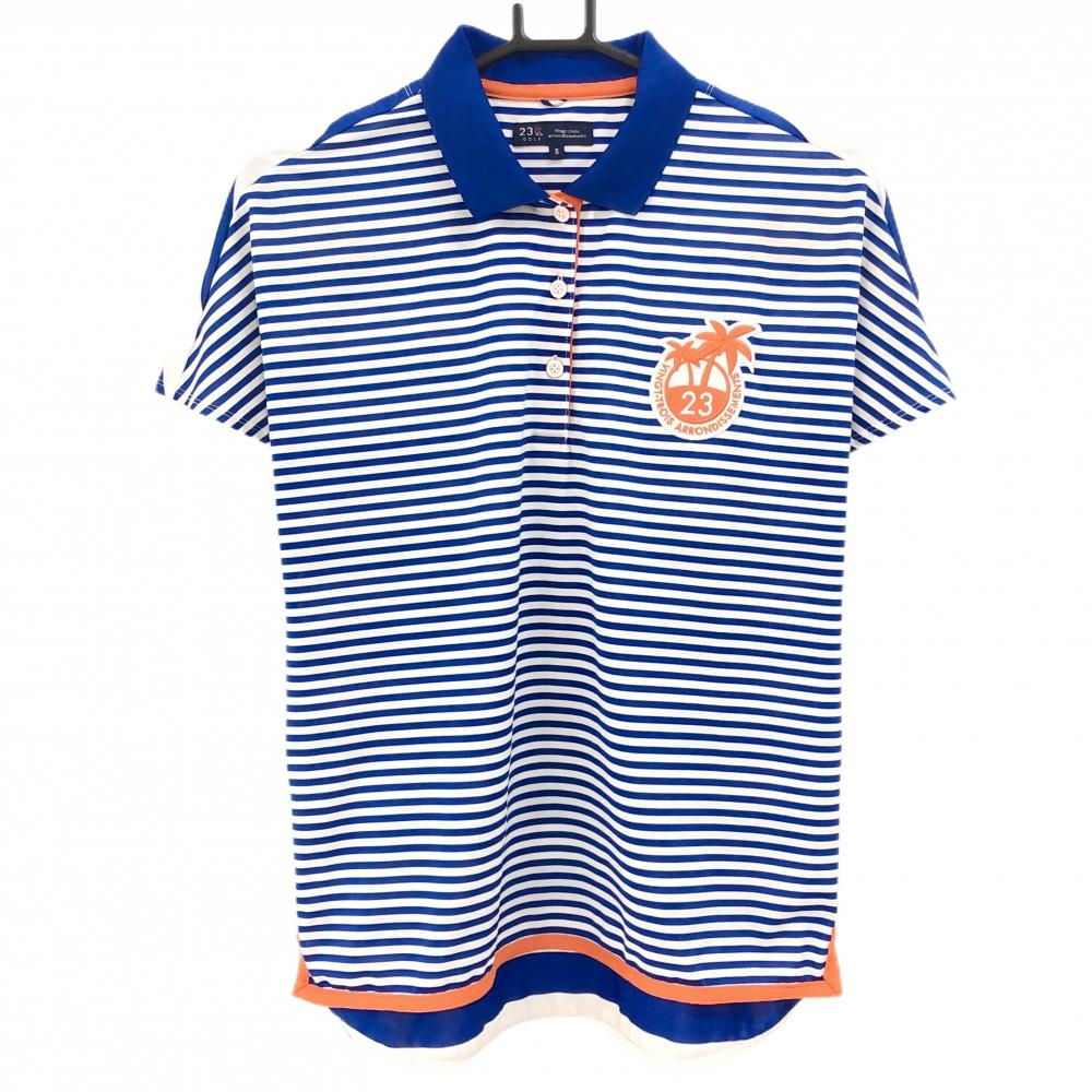 23区ゴルフ 半袖ポロシャツ ブルー×白 ボーダー フレンチスリーブ ヤシの木ワッペン レディース II(L) ゴルフウェア 23区