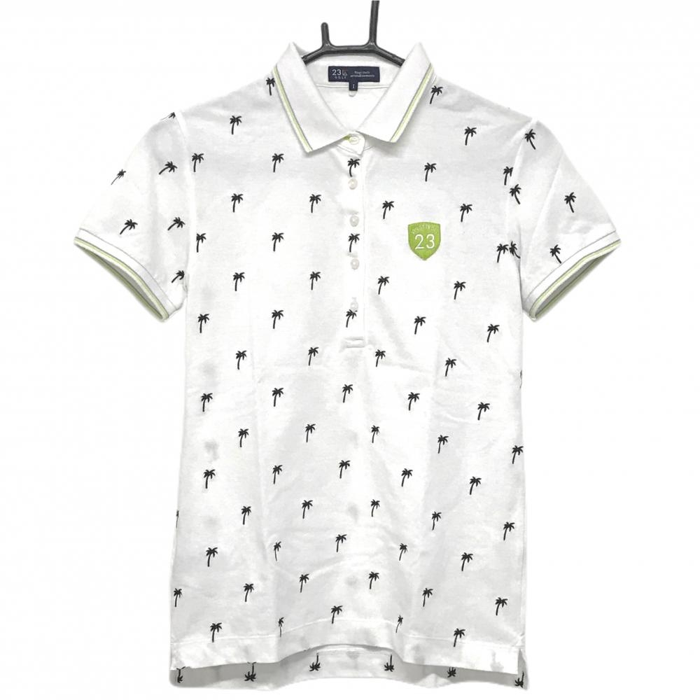【美品】23区ゴルフ 半袖ポロシャツ 白×ネイビー ヤシの木刺しゅう総柄 袖・襟ライン  レディース I(M) ゴルフウェア 23区