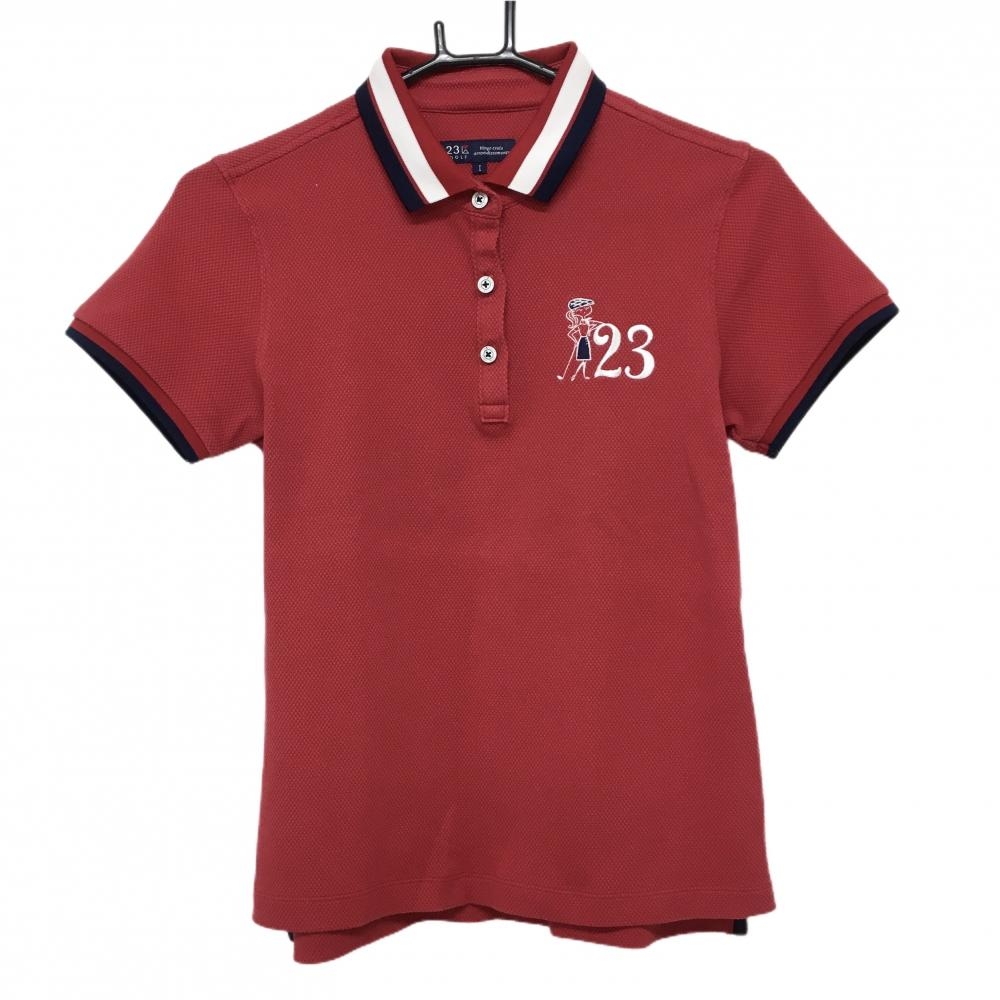 【美品】23区ゴルフ 半袖ポロシャツ レッド×ネイビー×白 ゴルファー刺しゅう レディース I ゴルフウェア 23区