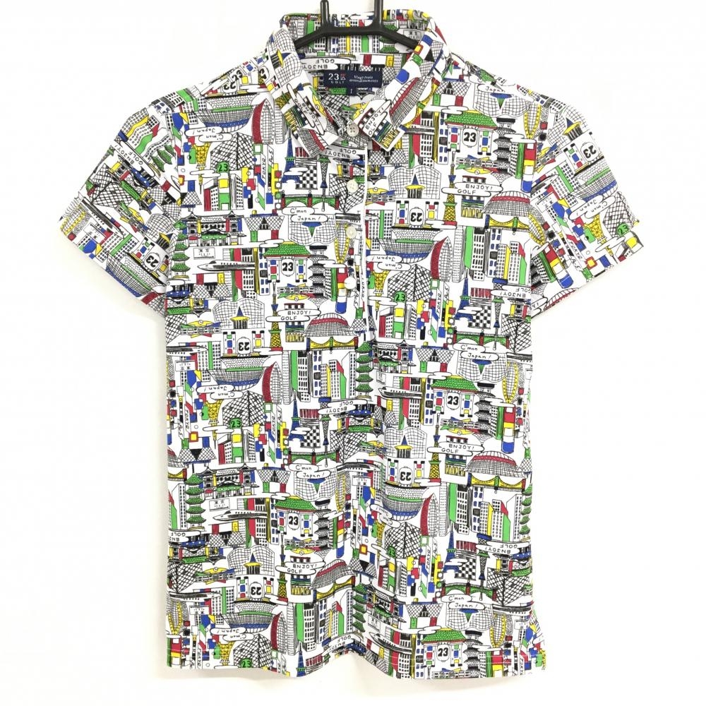 【超美品】23区ゴルフ 半袖ポロシャツ 白×マルチカラー 総柄  レディース I　(M) ゴルフウェア 23区