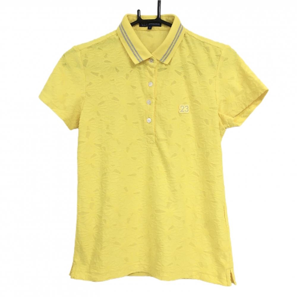 【超美品】23区ゴルフ 半袖ポロシャツ イエロー 花柄織生地 ロゴワッペン レディース I(M) ゴルフウェア 23区