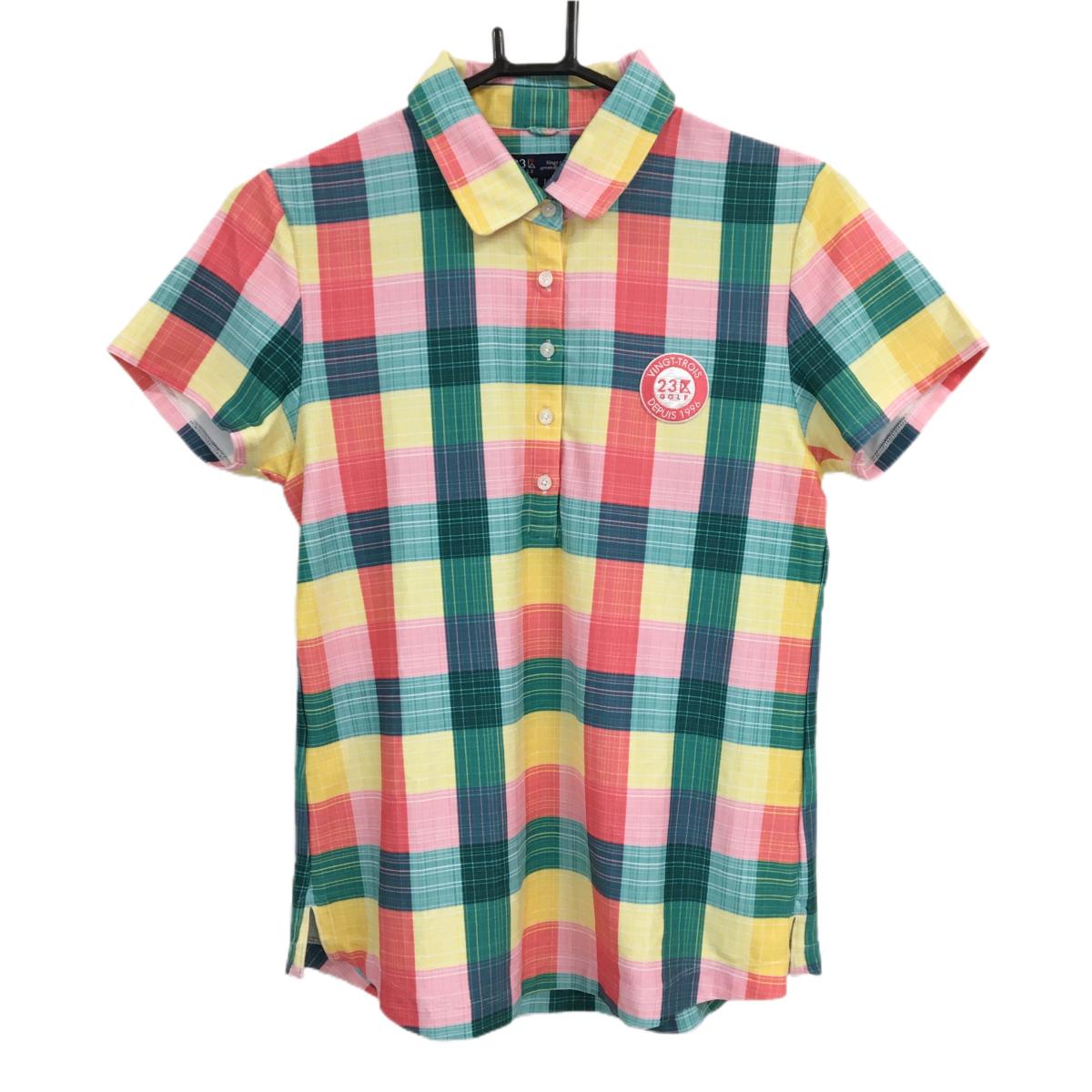 【超美品】23区ゴルフ 半袖ポロシャツ レッド×イエロー×グリーン チェック ワッペン  レディース I(M) ゴルフウェア 23区