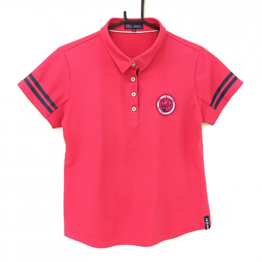 【美品】23区ゴルフ 半袖ポロシャツ ピンク×ネイビー 袖2ライン ロゴ刺しゅう  レディース III(XL) ゴルフウェア 23区