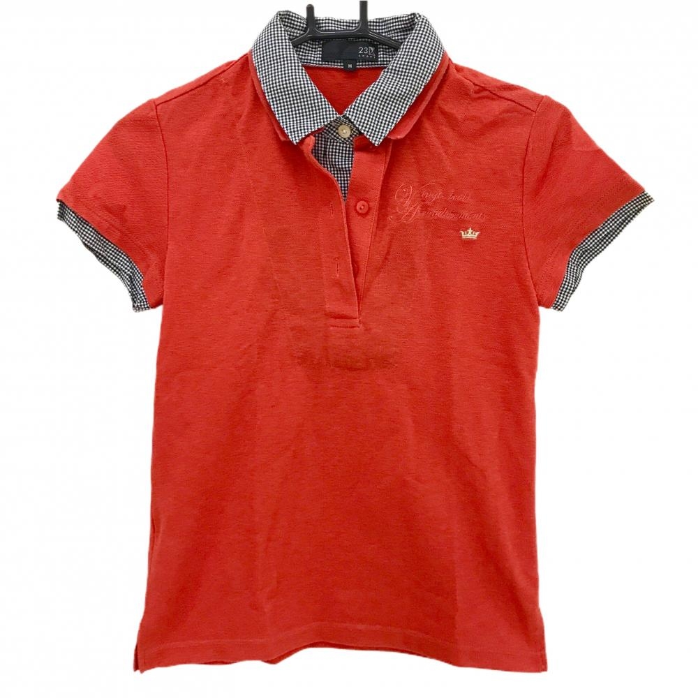 【美品】23区スポーツ 半袖ポロシャツ レッド×黒 一部ギンガムチェック フェイクレイヤード レディース M ゴルフウェア 23区