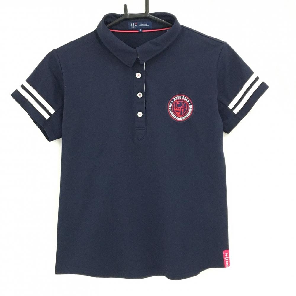 【美品】23区ゴルフ 半袖ポロシャツ ネイビー×白×レッド 袖ライン 胸ロゴ  レディース II(L) ゴルフウェア 23区