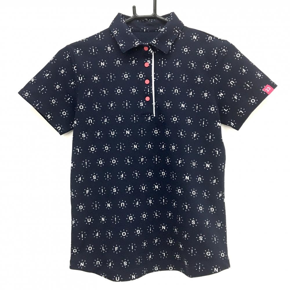 【美品】23区ゴルフ 半袖ポロシャツ ネイビー×白 総柄 スナップボタン レディース I(M) ゴルフウェア 23区