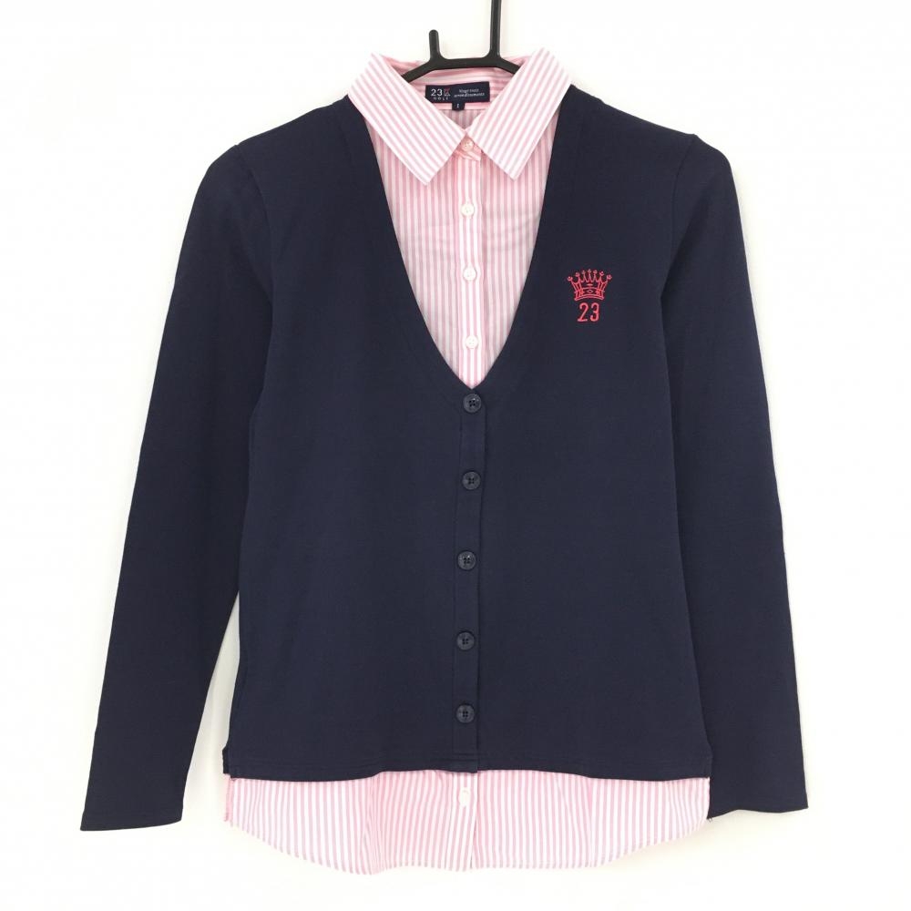 23区ゴルフ 長袖ポロシャツ ネイビー×ピンク 一部ストライプ レイヤード 重ね着風 レディース I(M) ゴルフウェア 23区