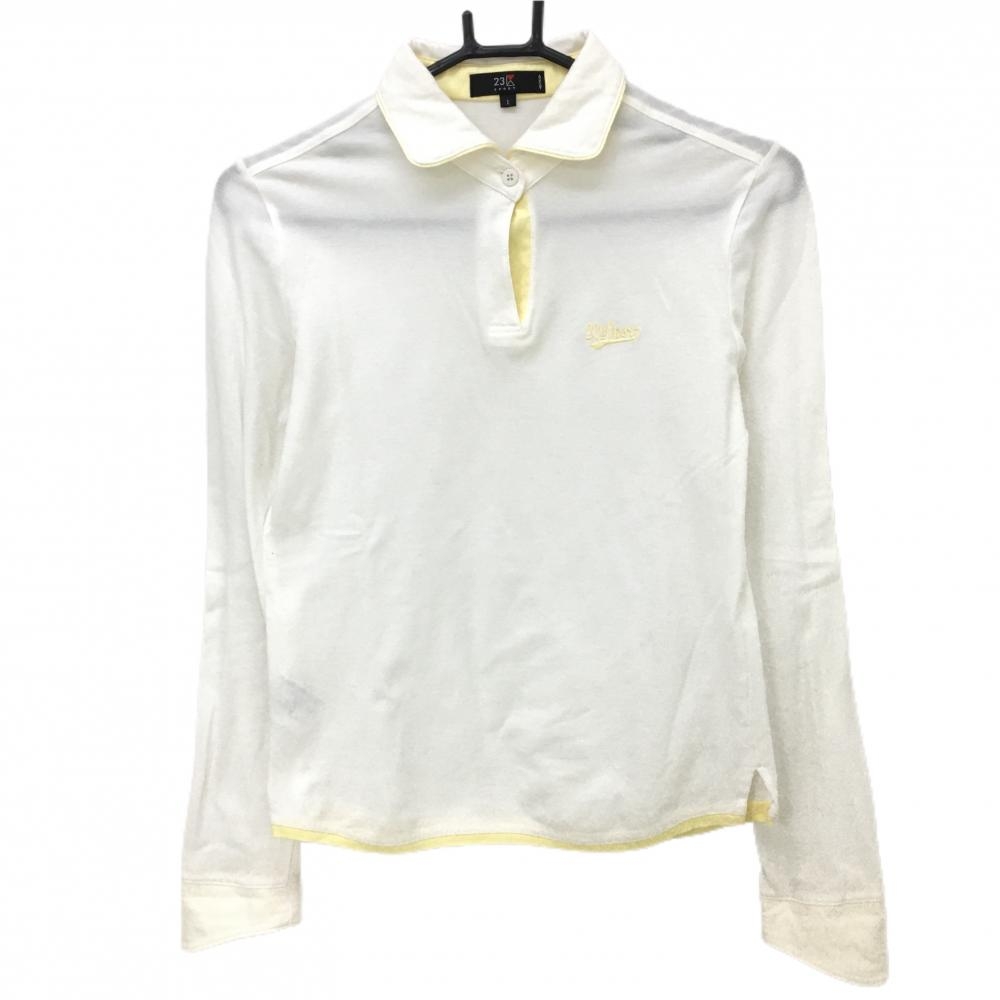 【美品】23区スポーツ 長袖ポロシャツ 白×ライトイエロー ロゴ刺しゅう レディース I(M) ゴルフウェア 23区