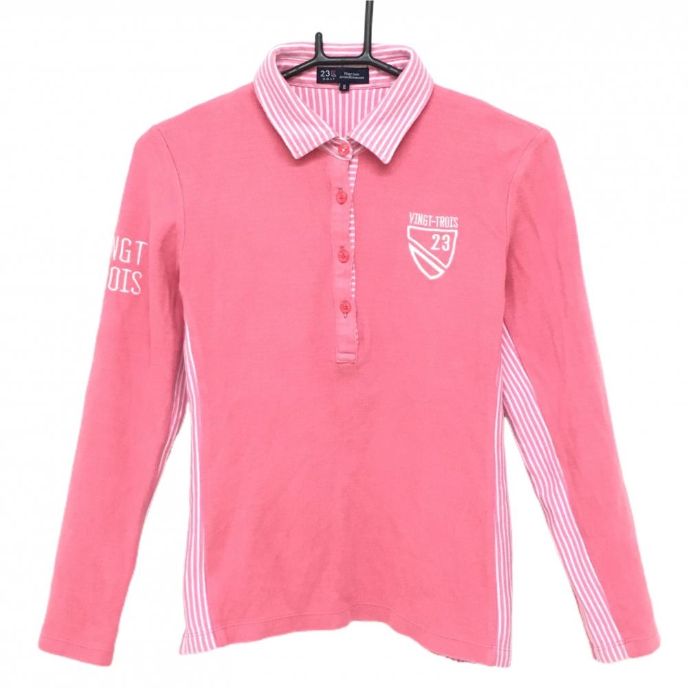 【美品】23区ゴルフ 長袖ポロシャツ ピンク×白 一部ストライプ 表微起毛  レディース II(L) ゴルフウェア 23区